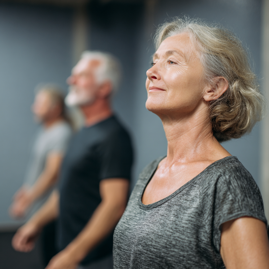 Middle-aged adults engaging in functional movement exercises in a calm indoor studio