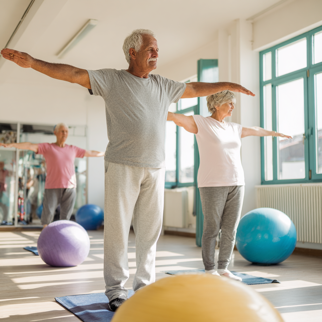 Older adults practicing stability exercises in a bright, welcoming fitness space